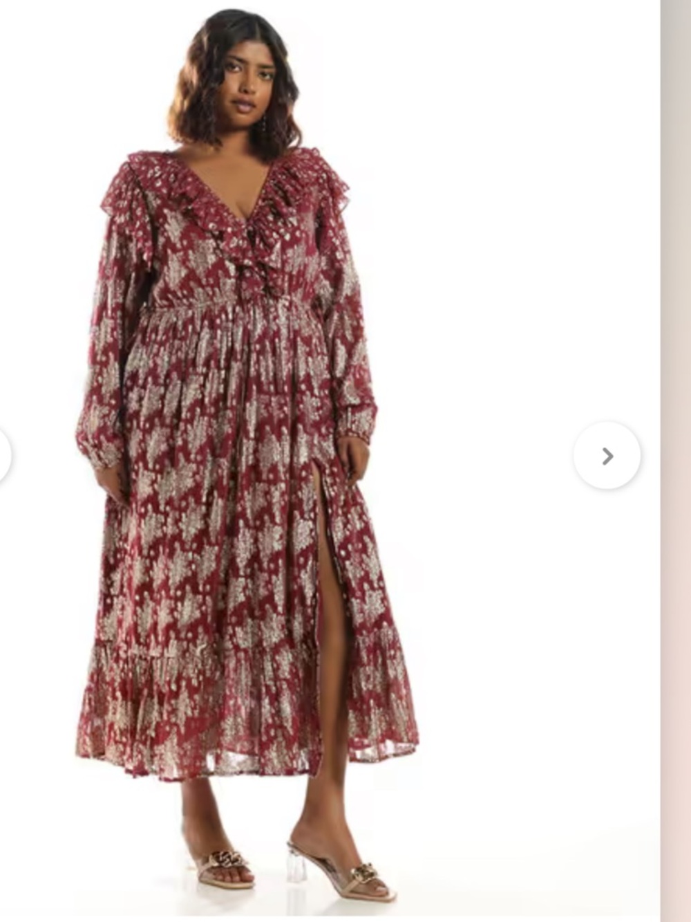 ASOS DESIGN burgundy with gold foil Ruffle Maxi Dress